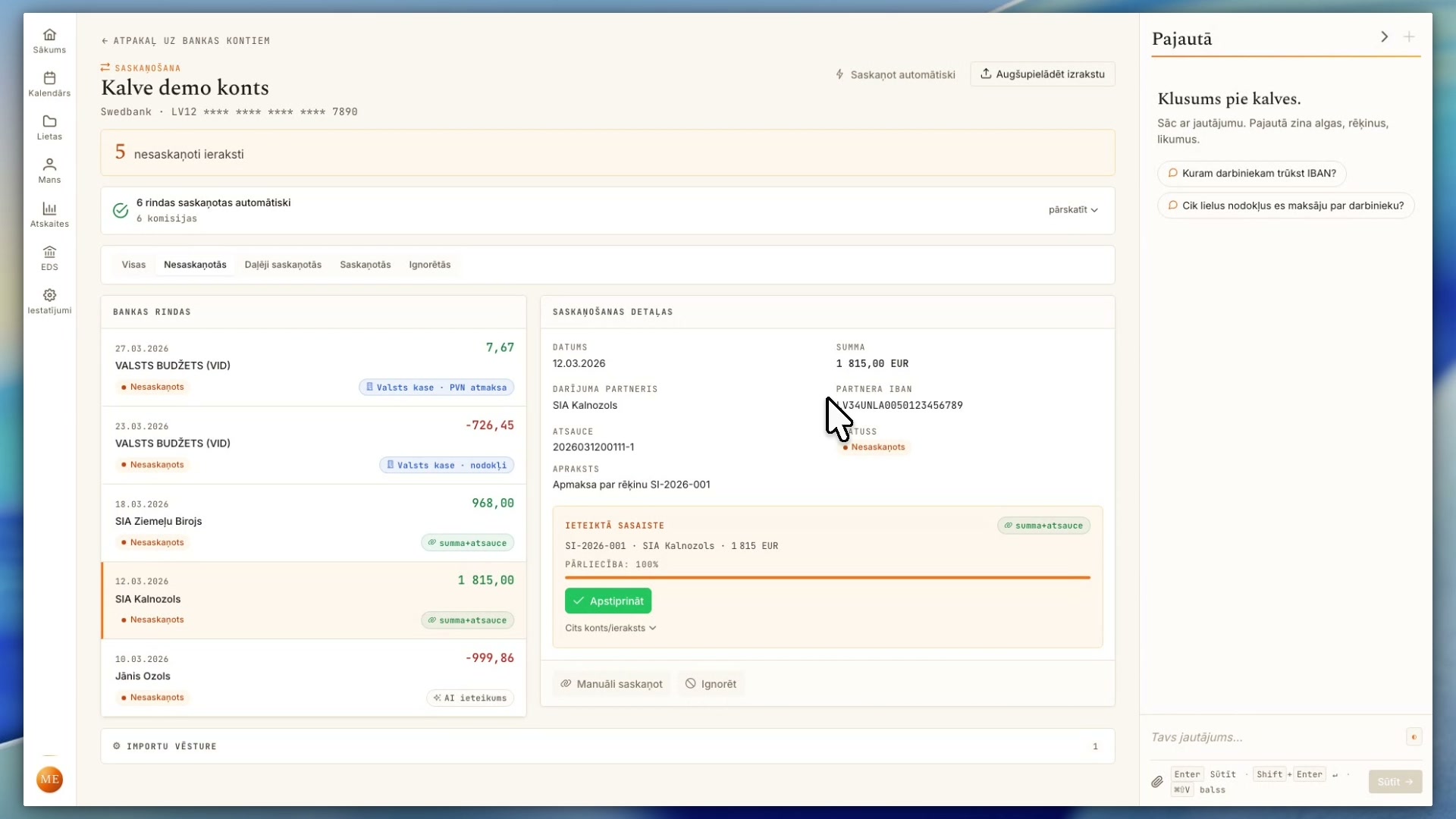 From statement to a sorted month. Upload the statement. Kalve matches payments with invoices and postings.