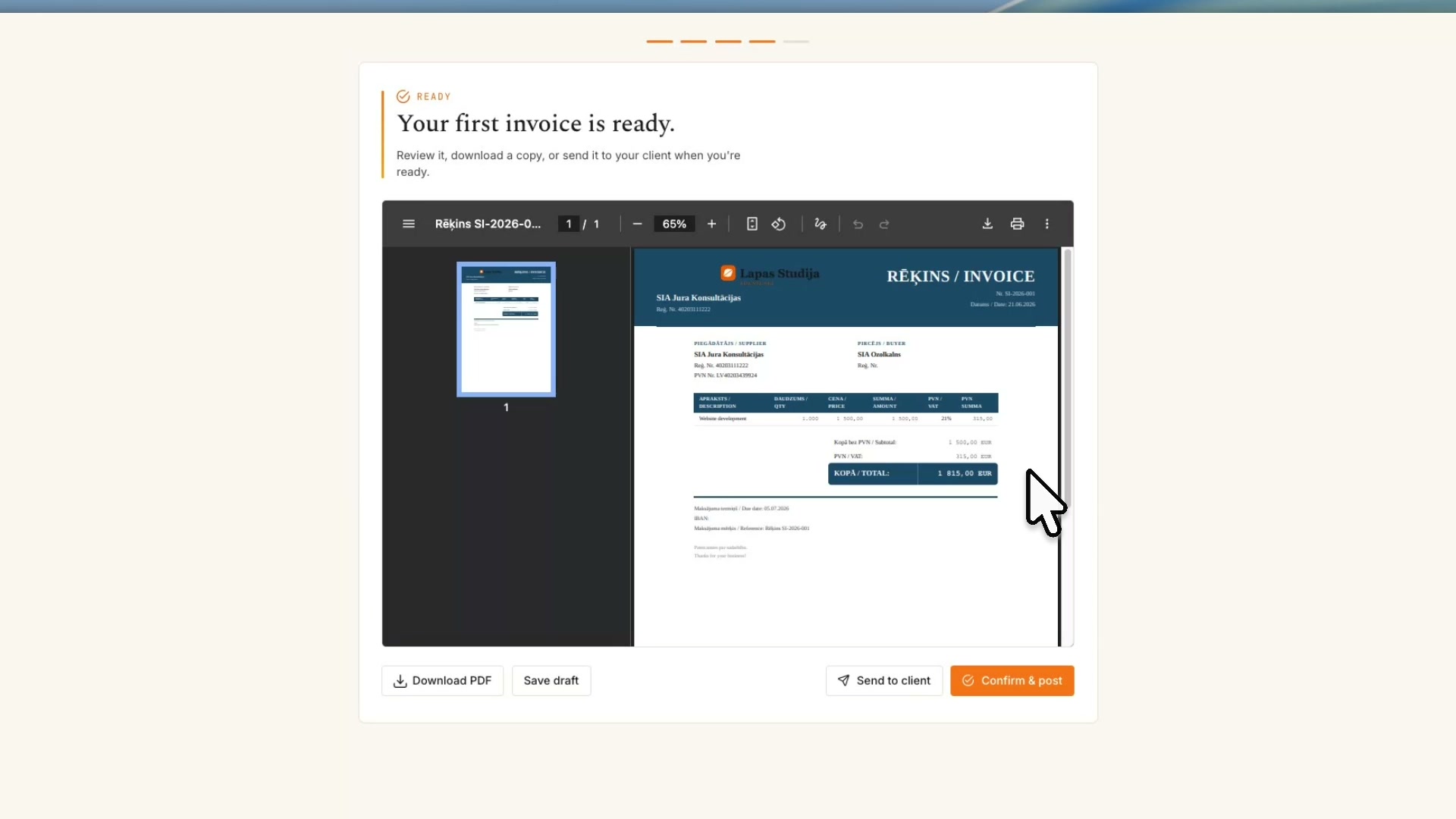 Your first branded invoice. Step by step. The invoice appears instantly, with your brand.