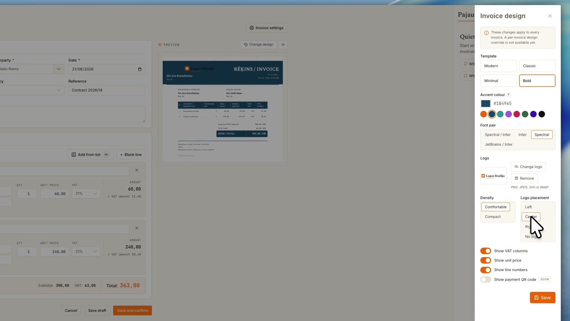 Invoices — exactly the way you like. Your catalog, fast line picking, and a design in your style — the invoice makes itself.